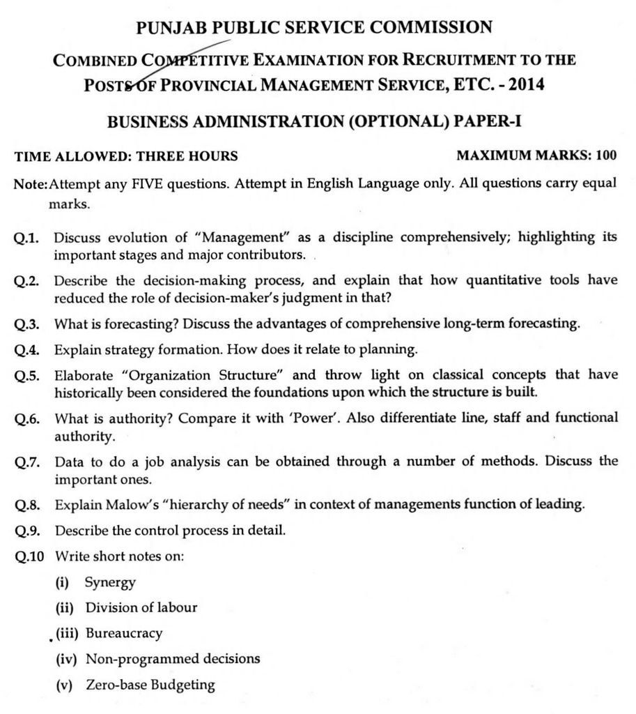 PMS Business Administration Paper 2014 CSS Forums